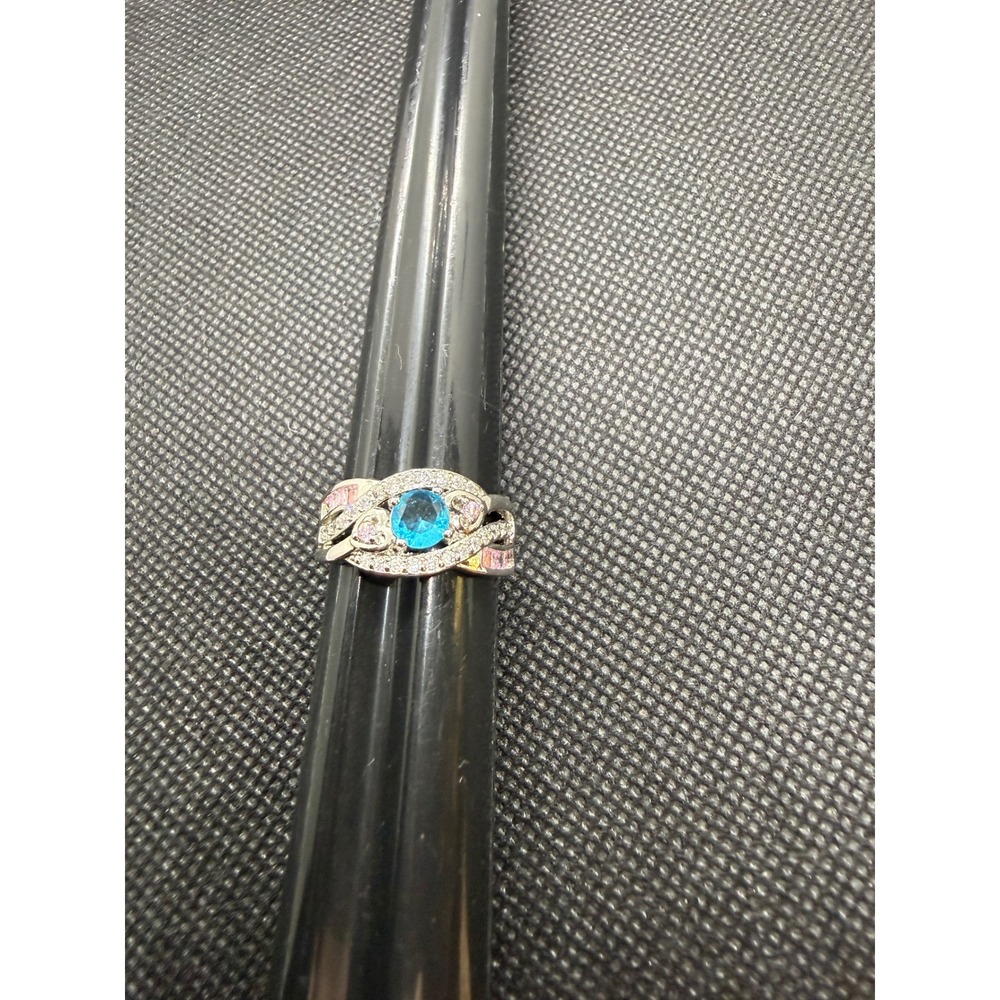 Silver Tone Blue Oval Stone Pink Crystal Crossover Statement Ring Size 7.5